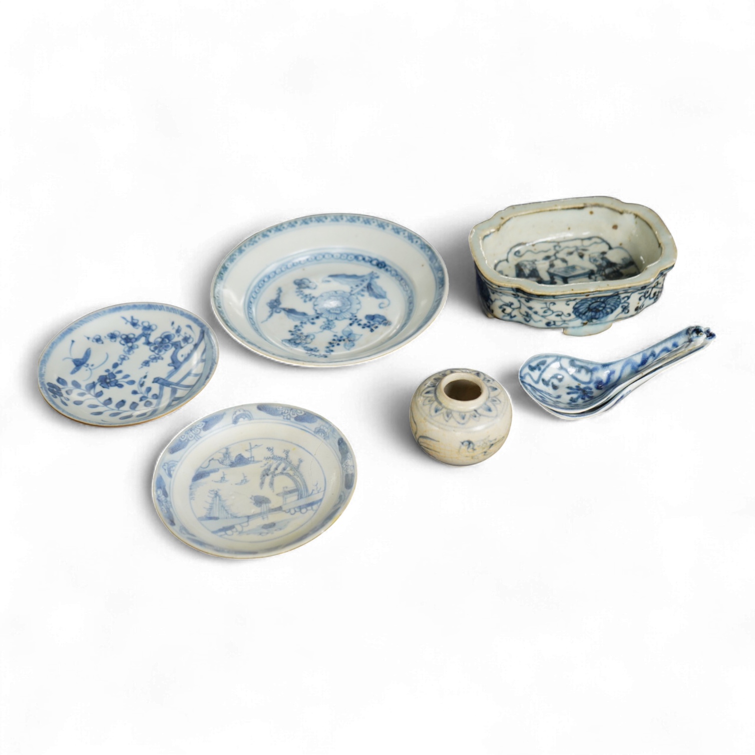 A group of Chinese and Annamese blue and white shipwreck ceramics, 16th–19th century together with a Ming style blue and white censer, largest- 12.5cm wide
